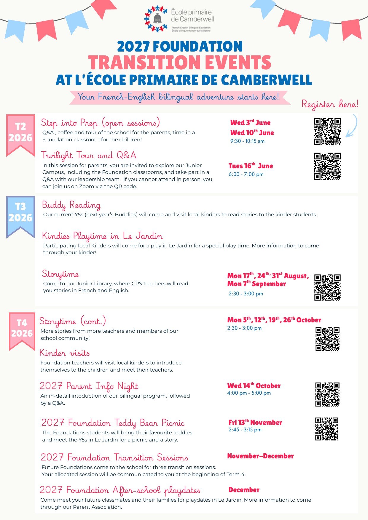 2027 Foundation transition events flyer at Camberwell Primary School